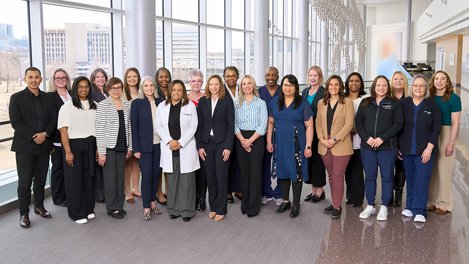 Group photo of UTSW's Great 100 recognized nurses this year (above, from left): Richard Fernandez, M.S.N., RN; Amber Ulate, M.S.N., M.H.A., RN, NE-BC, CSSGB; Elizabeth Godly, B.S.N., RN, CGRN; Jennifer Agnew, B.S.N., RN, OCN, CRNI; Hazzel Gomez, M.S.N., CPAN, CAPA, NPD-BC; Kelly Baxter-Duke, B.S.N., RN; Mari Ann Lewis, M.S.N.-Ed., RN, AMB-BC, NPD-BC; Karen Beacham, M.S.N., CMSRN, AMB-BC; Cynthia Hill, M.S.N., RN; Deshonna Taylor, D.N.P., RN, CCRN; Rachel Faidley, M.S.N., RN, CEN; Ramona Baucham, Ph.D., M.S.N., M.S.O.R.D., RN; Lauren Evans, M.S., B.S.N., RN; Travis Gilmore, B.S.N., RN, TNCC; Danica Fuerte, M.S.N., RN, NPD-BC; Emily Flahaven, M.S.N., RN; Christy Landtroop, B.S.N., RN; Annie Jojy, M.B.A., B.S.N., RN; Lauren Payne, B.S.N., RN; Rebecca Tutt, M.B.A.-H.C.M., B.S.N., RN; Donna Matheou, A.D.N., RN; and Sarah Staples, B.S.N., RN, AMB-BC.