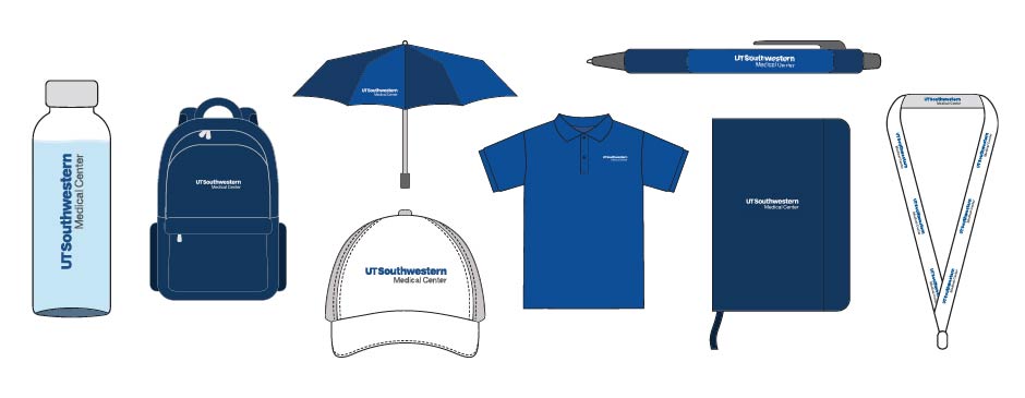line drawings of UT Southwestern brand merchandise items like backpack, umbrella, hat, pen, etc.