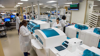 A busy pathology laboratory with multiple workstations and technicians working on various tasks.