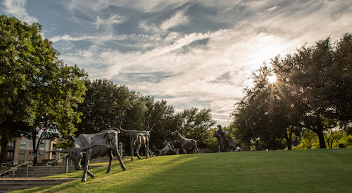 A spacious park with metal horse sculptures and lush greenery, with the sun shining through the trees in the background.