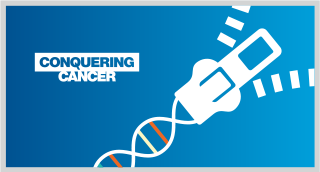 Illustration with the text 'Conquering Cancer' and a stylized zipper unzipping a DNA strand