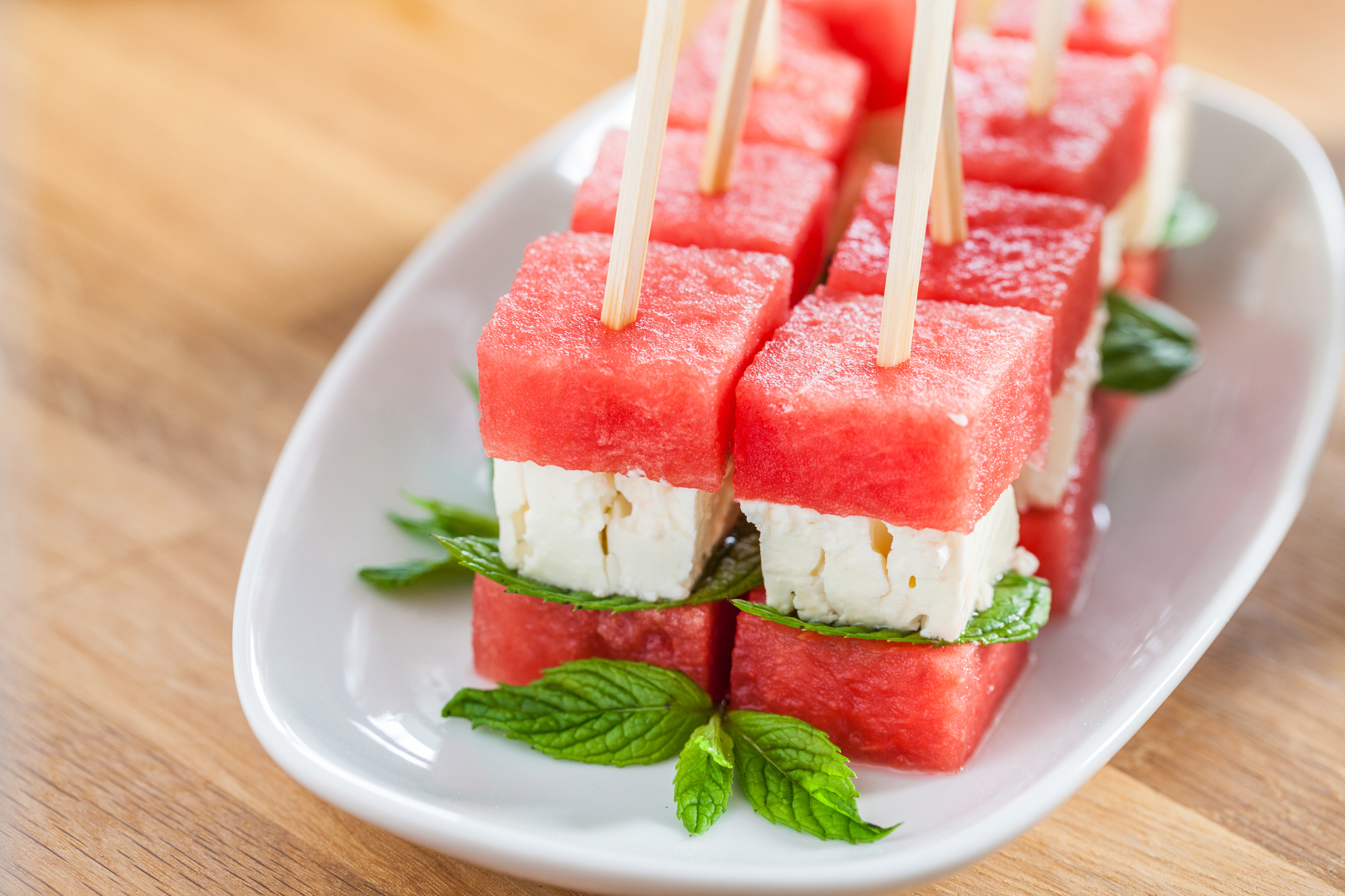 Watermelon feta and mint on skewers