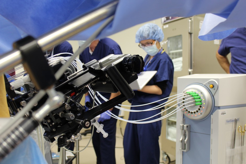 HDR unit, cable, and guides used for a Brachy prostate procedure.