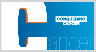 Illustration with the text 'Conquering Cancer' and a stylized letter 'C' in the background