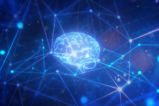 Intricate pattern of dots encircling brain, symbolizing complex neural pathways