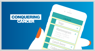 Illustration with the text 'Conquering Cancer' and a hand holding a smartphone displaying a list of health-related reminders