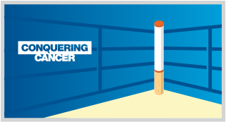Illustration with the text 'Conquering Cancer' and a cigarette standing in a boxing ring