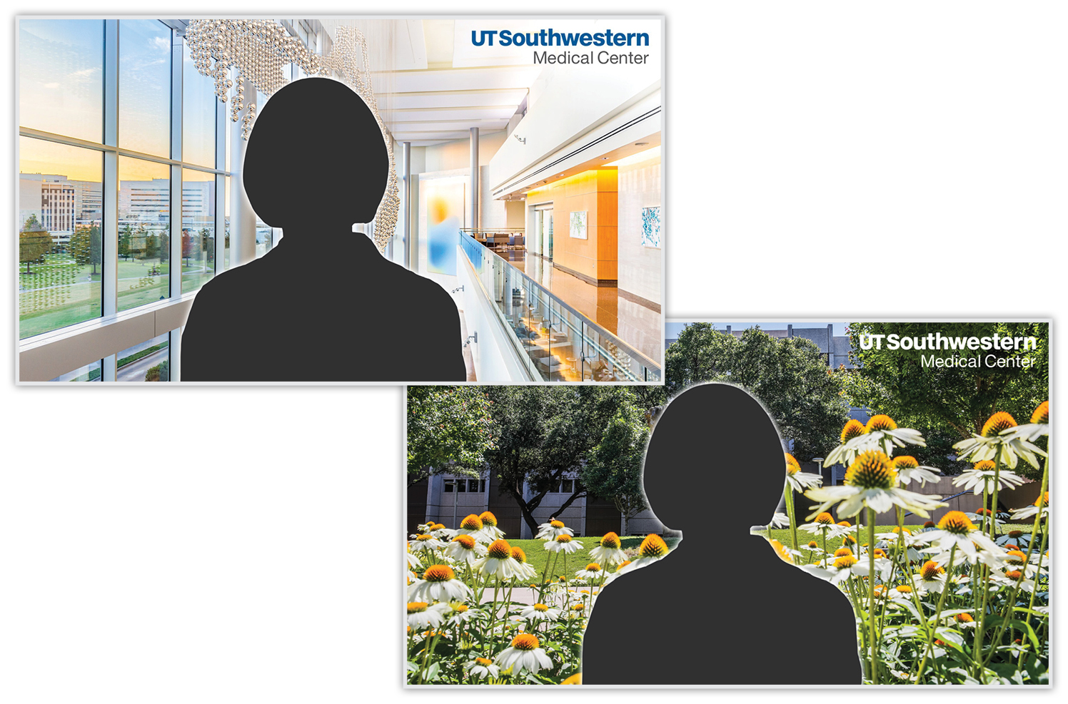 two photos tiled on top of each other showing different campus background images to use for virtual meetings.