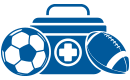 soccer ball, football, and a bag with a medical logo