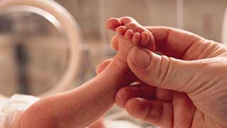 A close-up image of a premature newborn's foot being gently held by an adult hand.