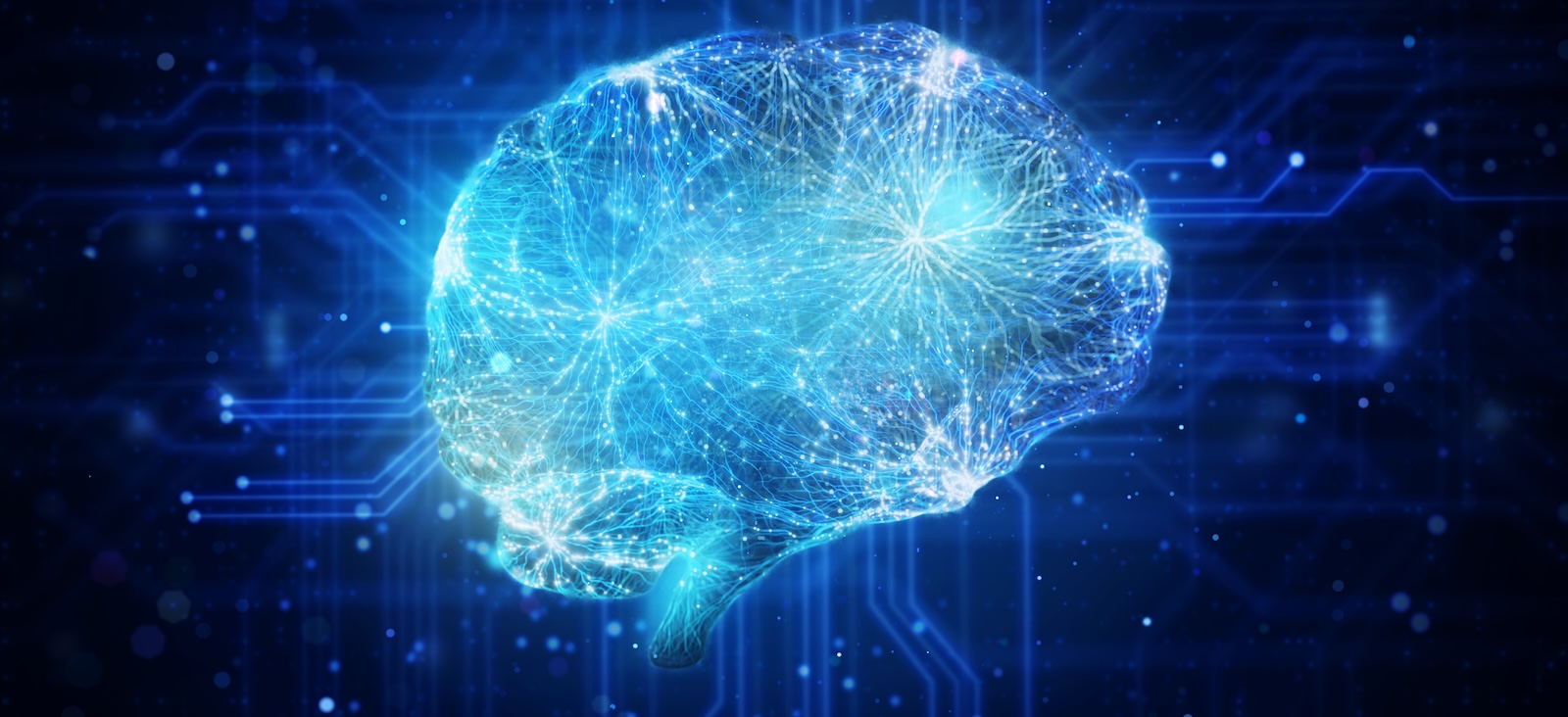 Glowing digital brain illustration over a blue circuit board background.