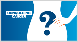 Illustration with the text 'Conquering Cancer' and a question mark on a stylized human torso
