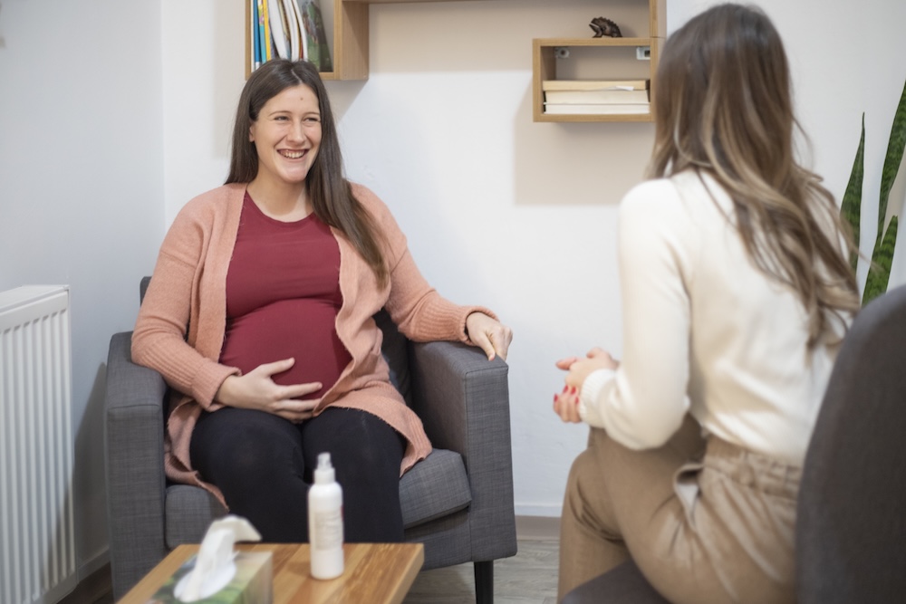 Young pregnant woman having a meeting with a female genetic counselor.